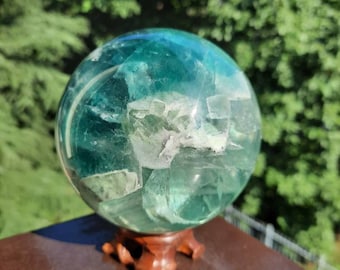 Esfera verde fluorita, piedra de meditación, cristales, esfera, bola