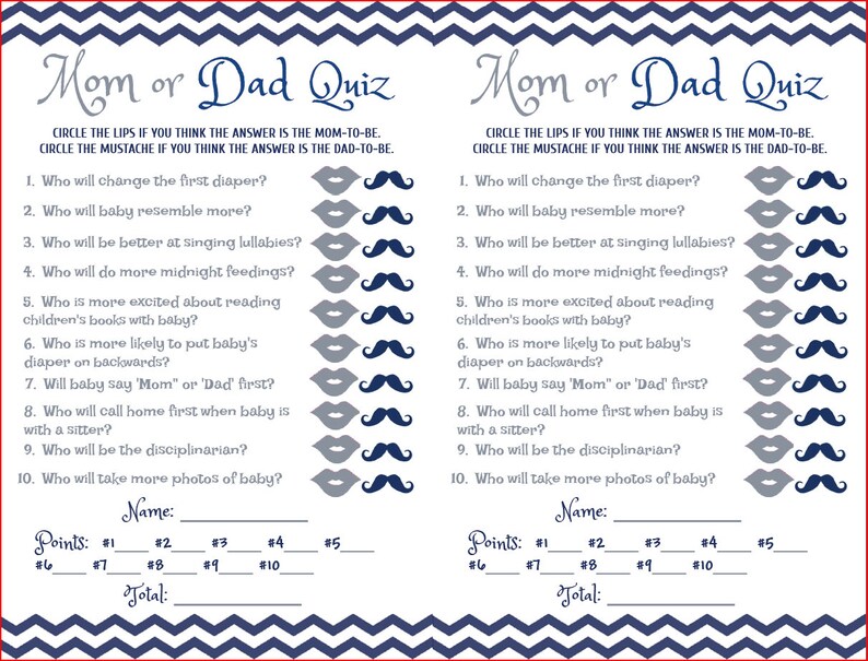 Baby Shower Game Mom Dad Quiz Navy Blue Silver Grey Etsy