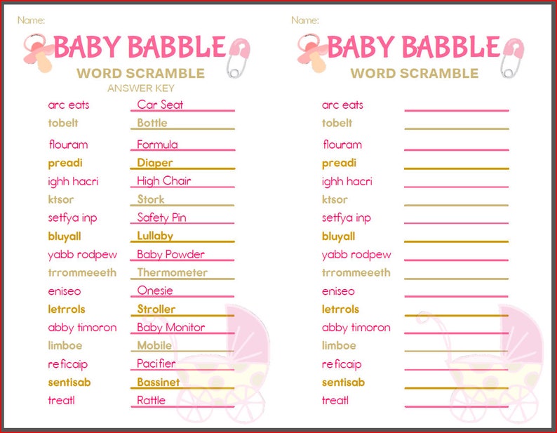 Baby Shower Game Baby Babble Pink White Gold Etsy