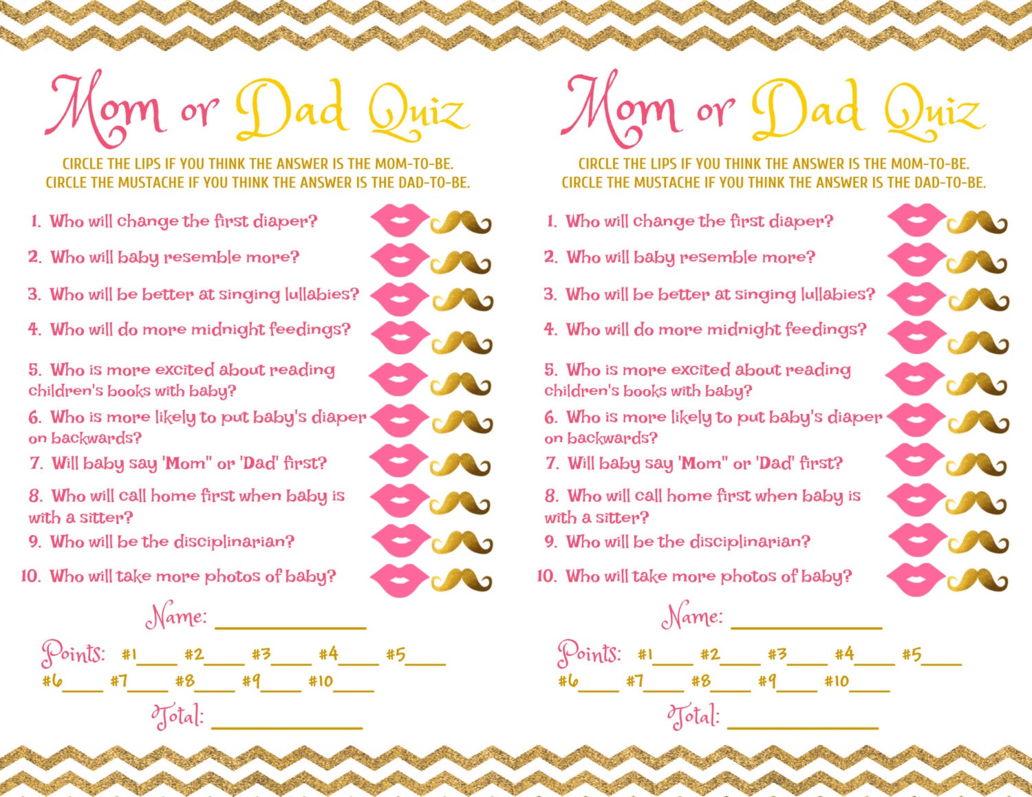 Baby Shower Game Mom Dad Quiz Pink Gold Etsy