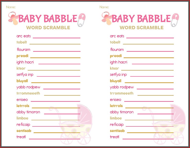 Baby Shower Game Baby Babble Pink White Gold Etsy