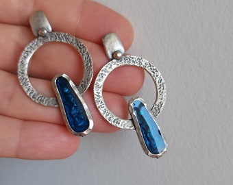 Boho Dangle Earrings: Antique Silver Plated, Blue Enamel