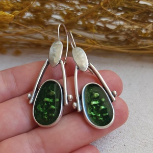 Boho Earrings, Large Silver Dangle Earrings,Ethnic Earrings, Tribal Earrings,Antique Silver Plated Earrings with green enamel