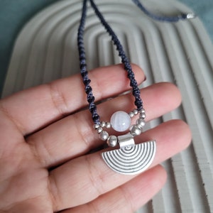 Macrame Moonstone Necklace: Adjustable Antique Silver Charm