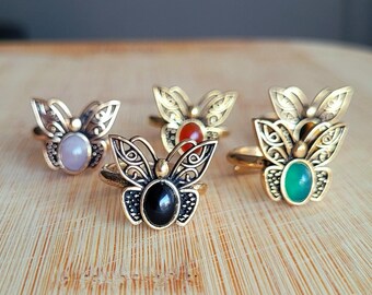 Adjustable Bronze Butterfly Ring with Natural Stone – Boho Statement Jewelry,
