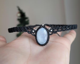 Moonstone Macrame Choker: Black Gothic Bohemian Necklace