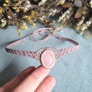 Rose Quartz Macrame Choker: Adjustable Bohemian Gemstone Necklace