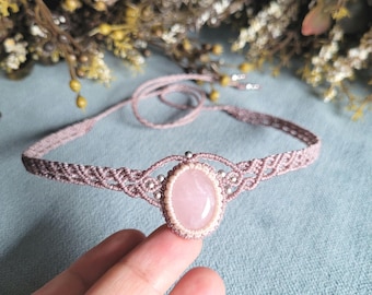 Rose quartz Macrame Choker, Adjustable Gemstone Necklace, Bohemian Jewelry, Hippie Gemstone Crystal Choker for Women, Unique Gift for Her