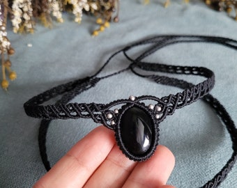 Onyx Makramee Choker Halskette, schwarze Choker Halskette, Boho Halskette, Gothic Schmuck