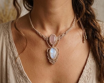Moonstone & Rose Quartz Macrame Necklace, Boho Crystal Necklace, Fairycore Jewelry, Handmade Healing Stone Pendant, Festival Goddess Necklac