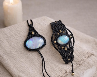 Handmade Moonstone Macrame Pendant Necklace and Bracelet: Boho Gemstone Jewelry