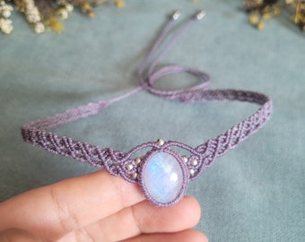 Macrame choker necklace with moonstone, gift for her
