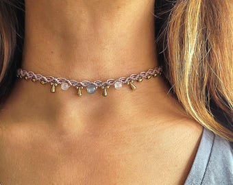 Boho Macrame Choker | Labradorite Moonstone, Brass Beaded Necklace