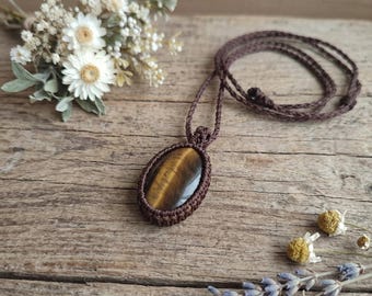 Tiger's Eye Macrame Necklace, Boho Gemstone Pendant, Choker Crystal Jewelry, Gift for Her, Statement Brown Cord Necklace, Healing Crystal