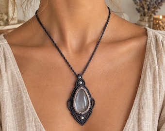 Gray Moonstone Macrame Necklace, Handmade Boho Gemstone Pendant, Natural Stone Jewelry