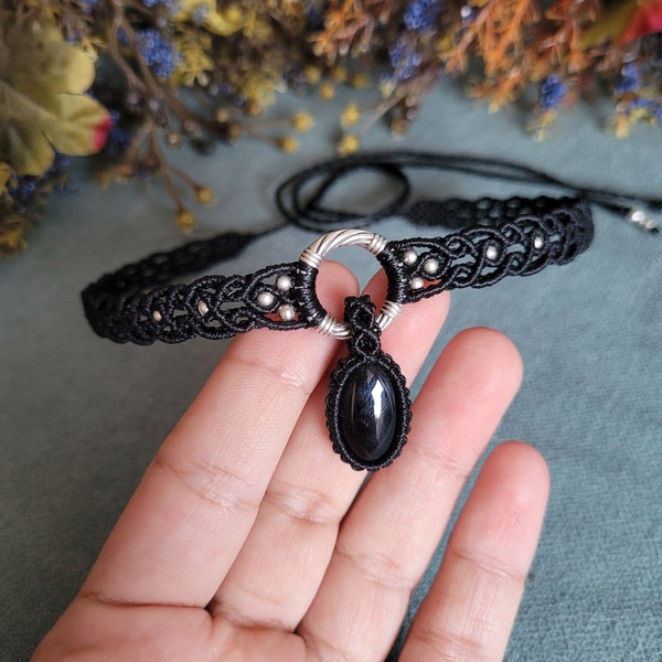 Onyx macrame choker necklace, gift for her