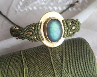 Macrame Labradorite Bracelet with Brass : Boho Gemstone Jewelry, Healing Stone Bracelet,Cuff Gemstone Bracelet