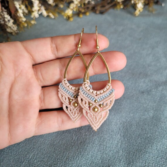 Macrame Boho Style Earrings, Beige Color Dangle Brass Earrings