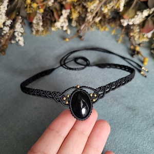 Onyx Macrame Choker Necklace, Black Adjustable Gemstone Jewelry, Gothic Jewelry, Unique Christmas Gift For Her, Handmade Boho Hippie Jewelry