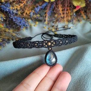 Labradorite Macrame Choker: Adjustable Black Gemstone Necklace