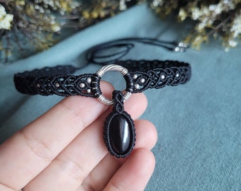 Onyx Macrame Choker Necklace, Black Adjustable Gemstone Jewelry, Gothic Jewelry, Gift For Her, Handmade Boho  Hippie Jewelry