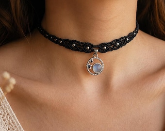Labradorite Choker Necklace, Macrame Black Boho Jewelry, Handmade Crystal Choker,