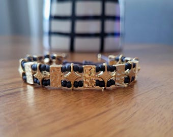 Boho Gold Bracelet: Handmade Brass & Miyuki Bead Adjustable Bracelet