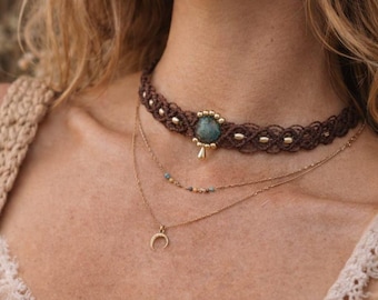 Handmade Chrysocolla Stone Macrame Necklace – Earthy Boho Jewelry