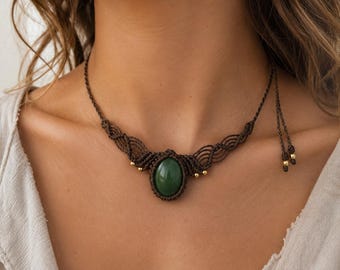 Green Agate Macrame Choker Necklace, Handmade Boho Gemstone Necklace, Adjustable Crystal Choker, Festival Jewelry for Women, Gift for Her