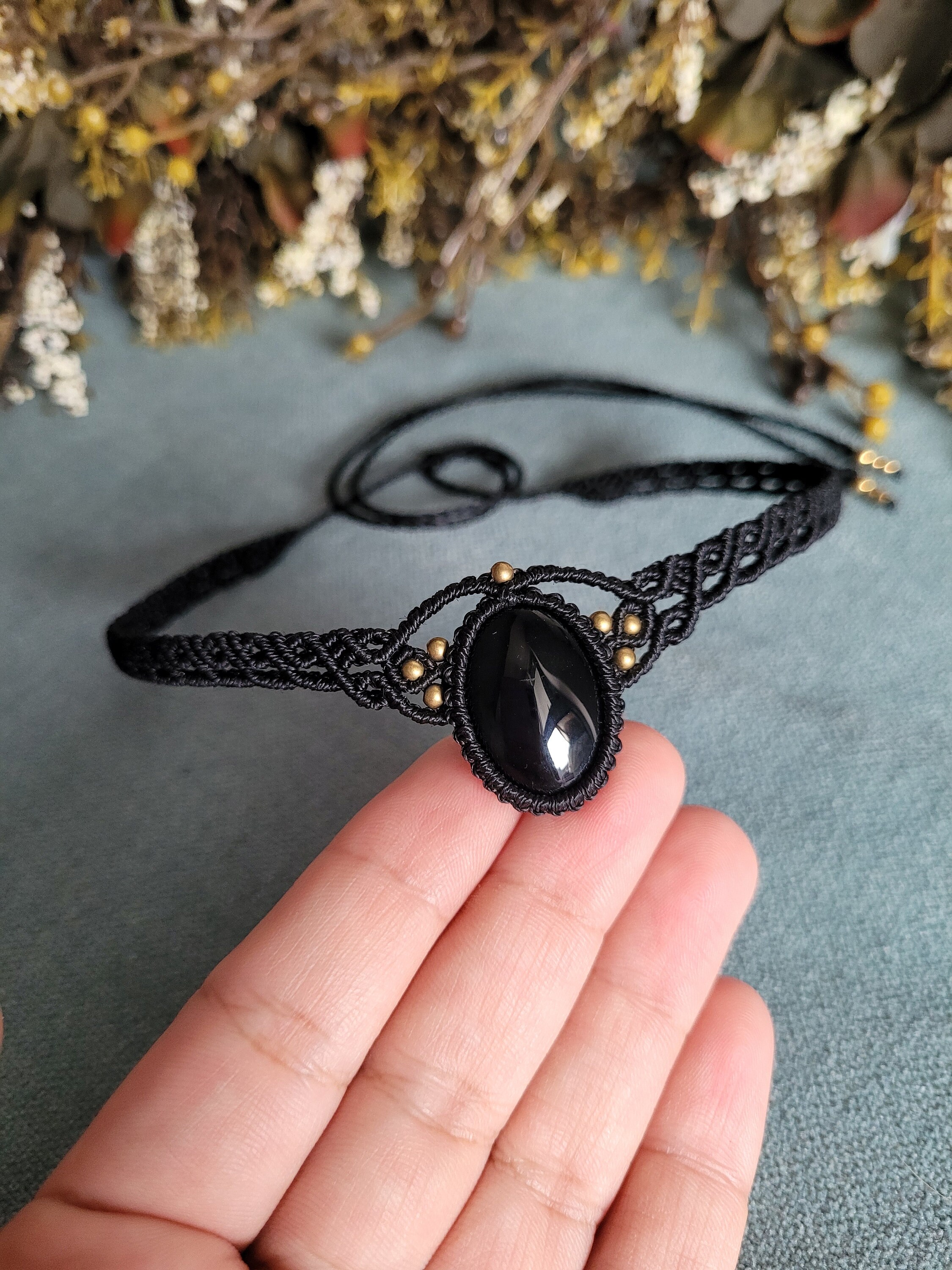 Onyx Macrame Choker: Adjustable Black Gemstone, Gothic Boho