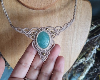 Handmade Amazonite Crystal Macrame Necklace: Boho Healing Jewelry