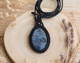 Pietersite Macrame Necklace, Gray Stone Pendant, Boho Crystal Necklace, Handmade Black Cord Jewelry, Natural Pietersite Gift for Her