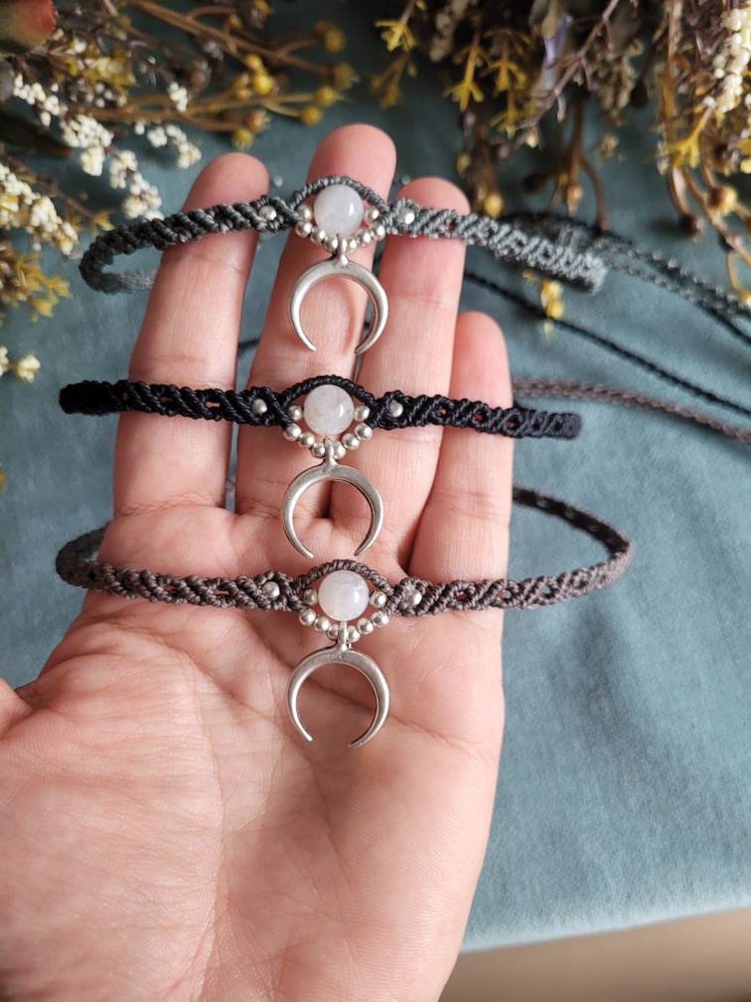 Moonstone Crescent Moon Macrame Choker: Bohemian Gemstone Necklace - Etsy Japan
