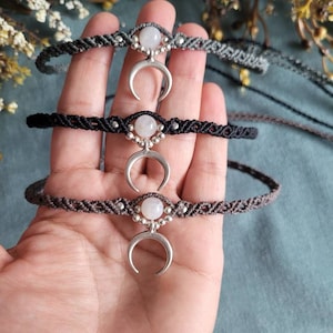 Moonstone Crescent Moon Macrame Choker: Bohemian Gemstone Necklace