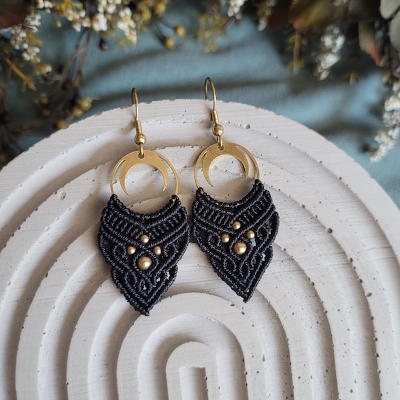 Macrame Earrings Black Boho Earrings Macramé Earrings Grey