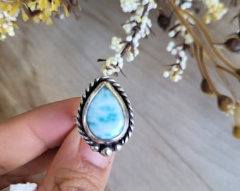 Larimar Sterling Silver Ring: Teardrop Gemstone Statement Jewelry, Size 6.5