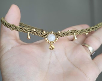 Moonstone Choker Necklace, Boho Macrame Crystal Necklace, Adjustable Brass Gold Jewelry, Custom Stone & Color Gift for Her