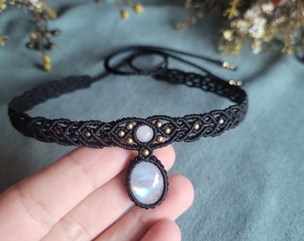 Moonstone Black Macrame Choker, Adjustable Gothic Necklace, Bohemian Jewelry, Hippie Gemstone Crystal Choker for Women, Unique Gift for Her