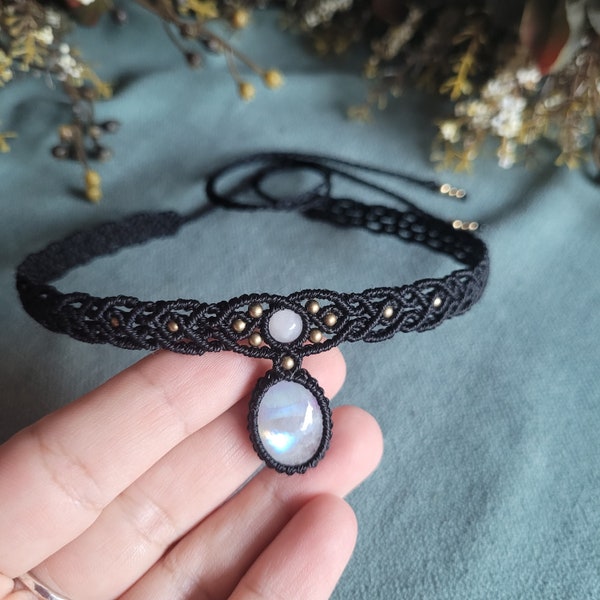 Moonstone Macrame Choker: Black Gothic Bohemian Necklace