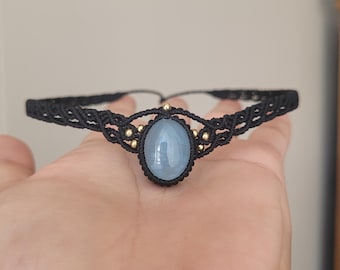 Aquamarine Macrame Choker: Healing Crystal Gemstone Necklace,Black Choker Necklace