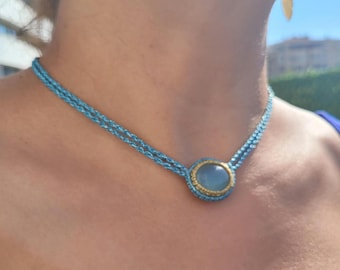 Aquamarine Macrame Choker: Healing Crystal Gemstone Necklace,Blue Choker Necklace