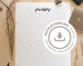 Geburtstagskalender als PDF - schlicht und minimalistisch zum selbst ausdrucken - Printable Download Druckbare PDF in A4 und A3