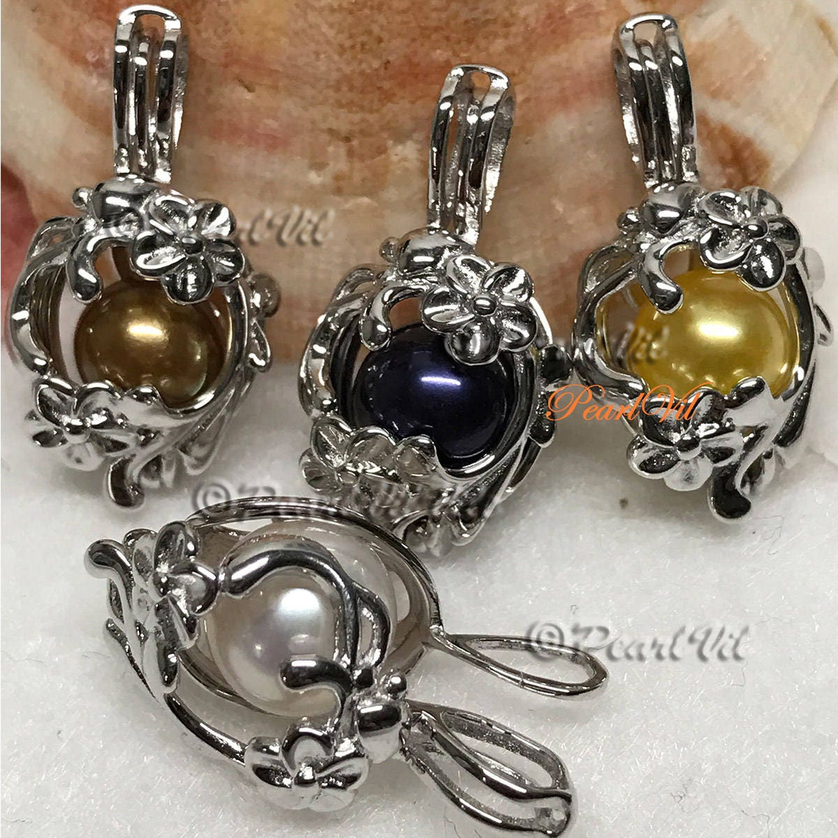 Pearl Cage Necklace-20 Chain/Choice of Pendant W/ Rice Pearl Oyster Fit  6-9mm
