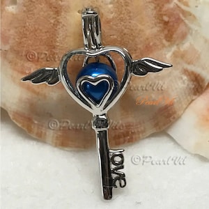 Wings Heart Key - Solid 925 Sterling Silver - Locket Pearl Cage Pendant For 6-8mm