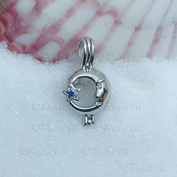 Heavenly Moon And Serenity Star - Locket Pearl Cage Pendant For 6-9mm Pearl - Solid 925 Sterling Silver