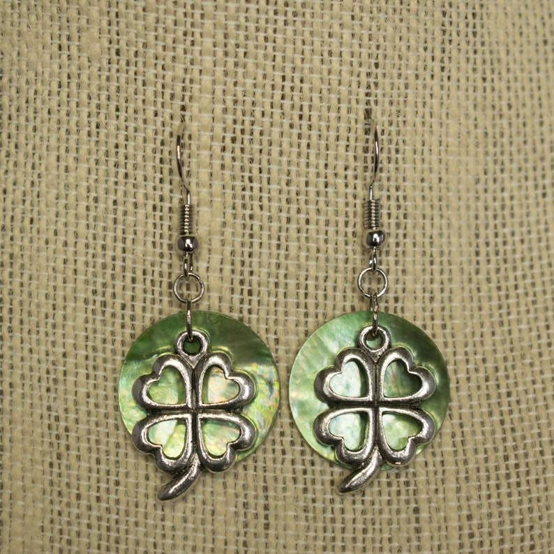 Metal Shamrock Earrings with Green Shell Backdrop