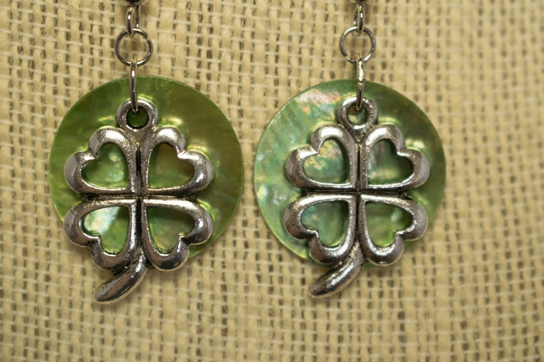 Metal Shamrock Earrings with Green Shell Backdrop