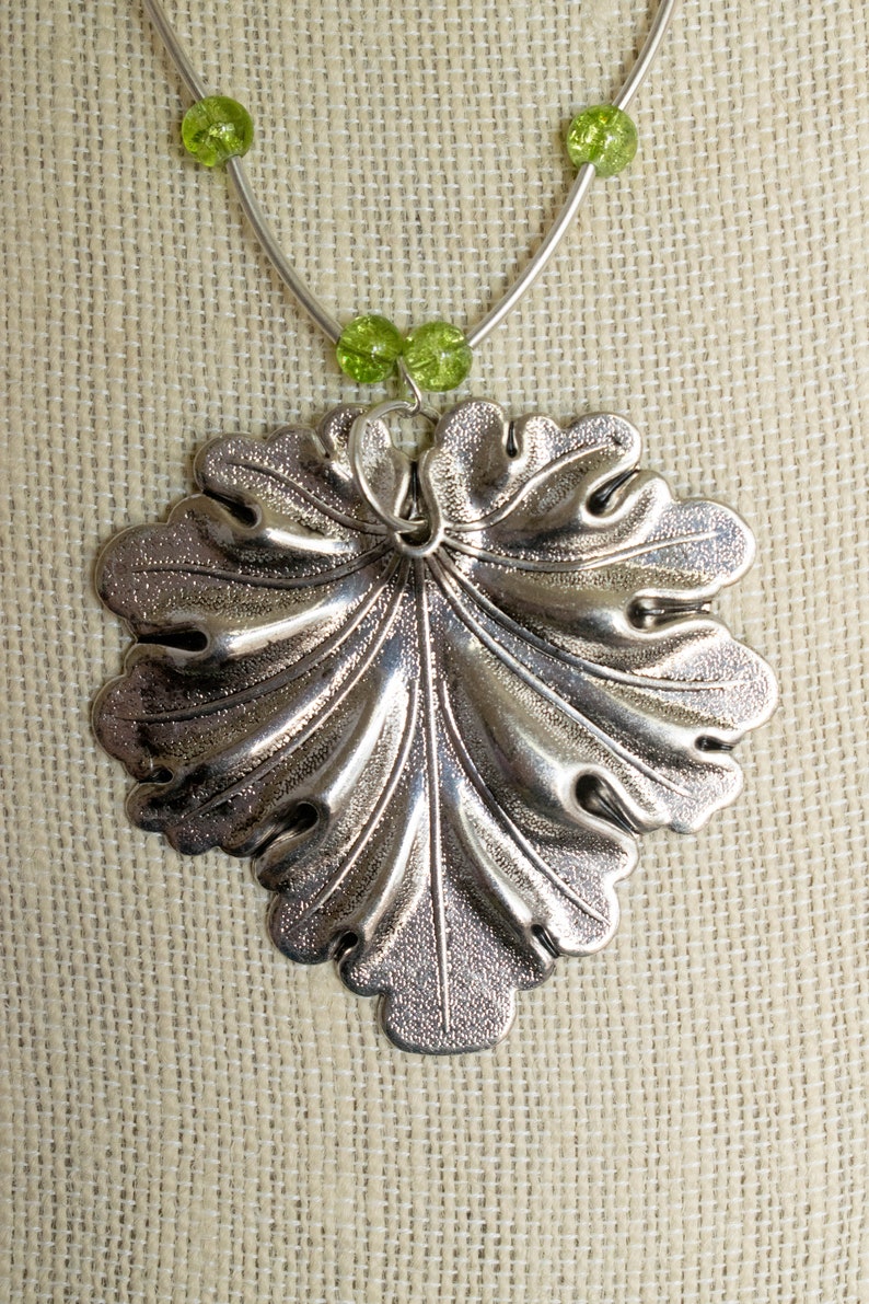 Classy Silver Tone Leaf Pendant Beaded Extra Long Necklace