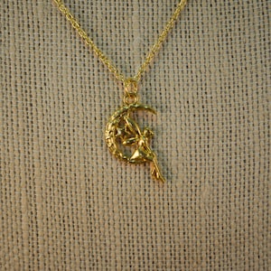 Fairy in Moon Necklace in Gold and Silver