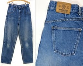 80s Vintage WRANGLER Denim Blue Jeans Made in USA High Waist 13 quot Rise Tapered Legs Distressed Medium Wash Denim Pants Size Junior 13 W29xL30